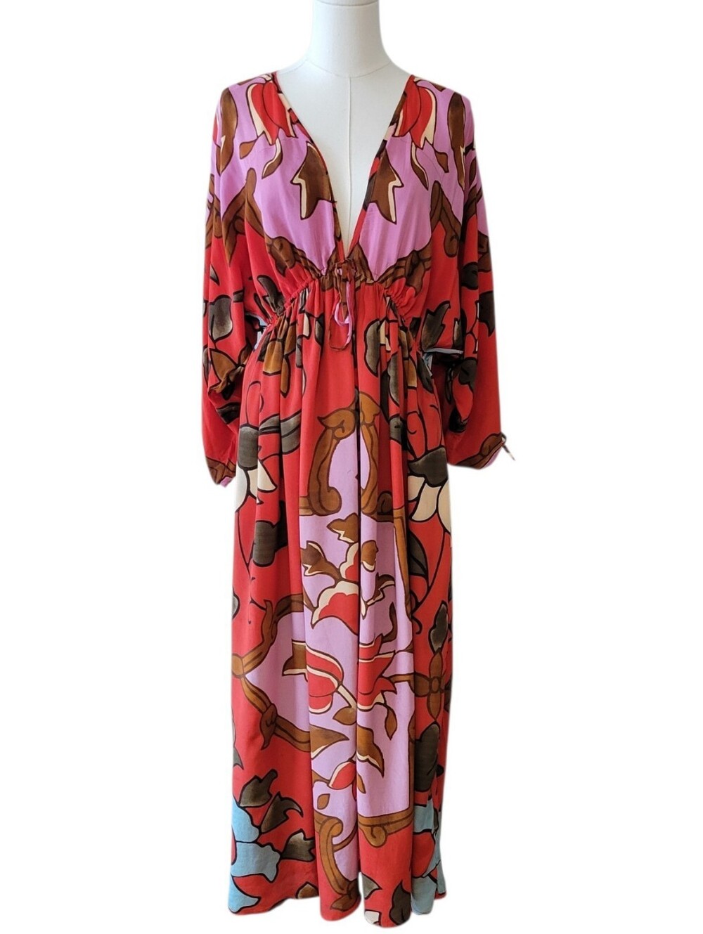 Rhode Resortwear Red & Pink Silk Caftan Maxi Dress Size XS/Small